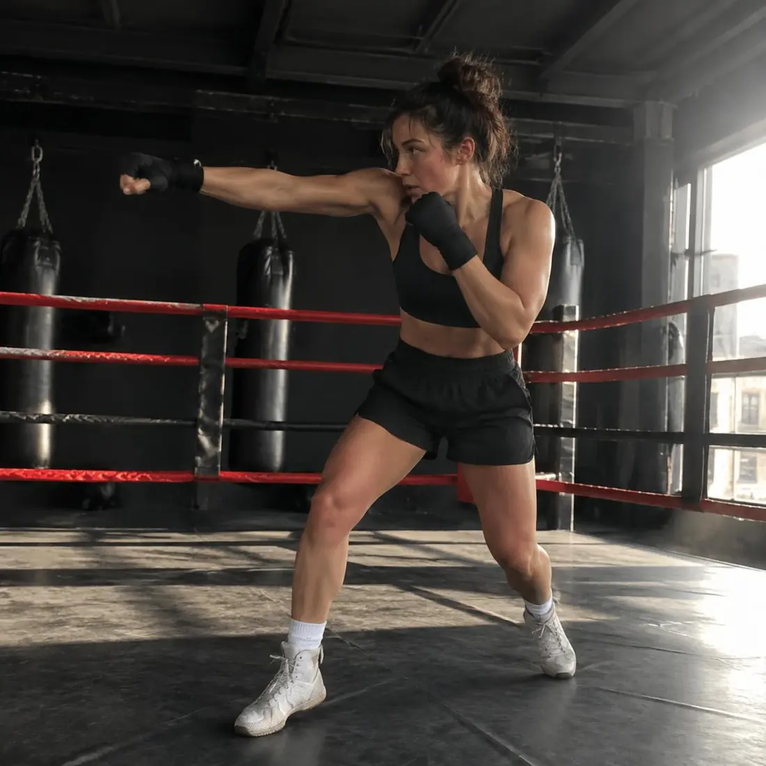 Pratiquante travaillant seule sur le ring